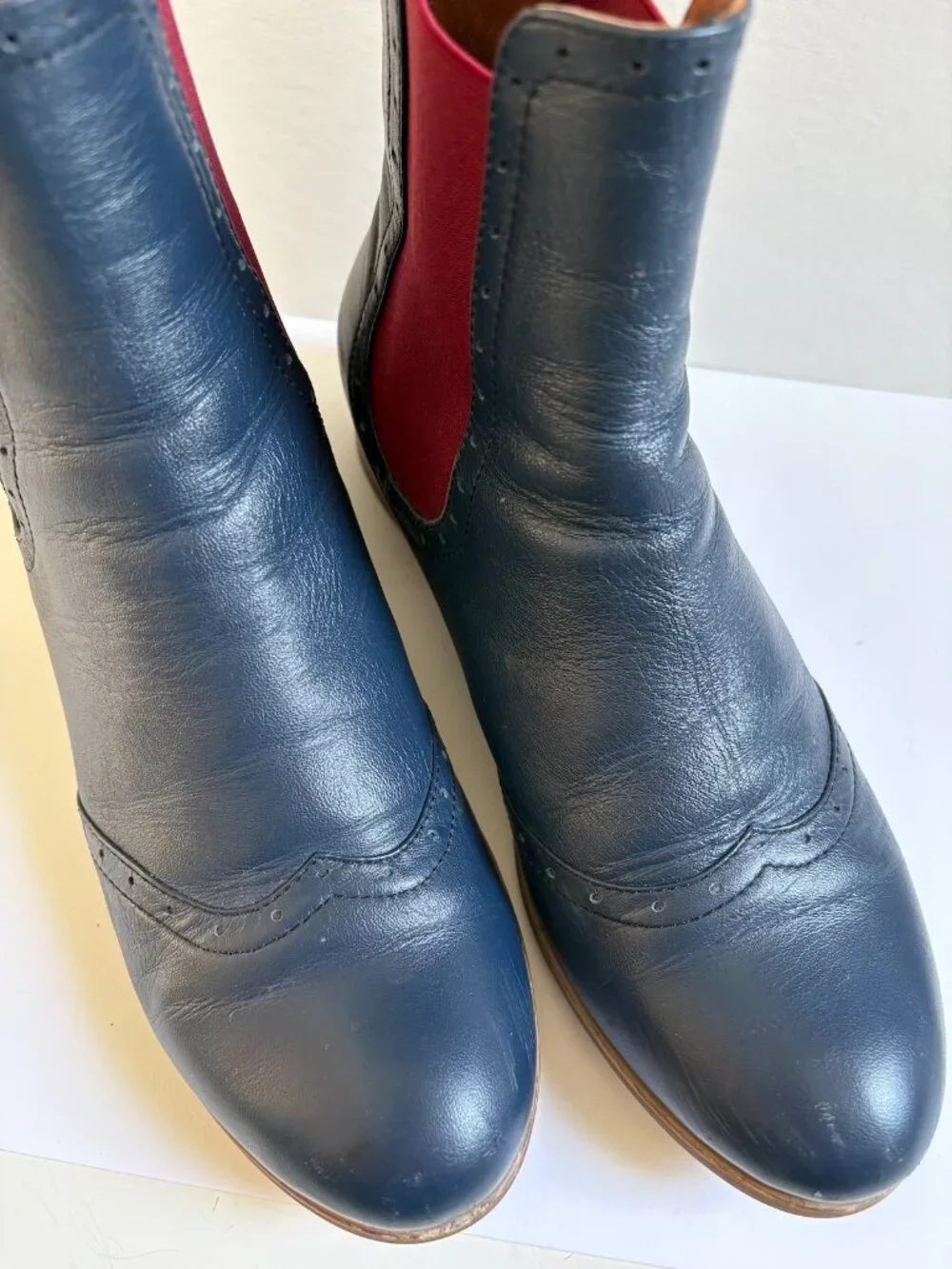 Julia Bo Custom Handmade Navy Leather & Burgundy Wingtip Chelsea Ankle Boots